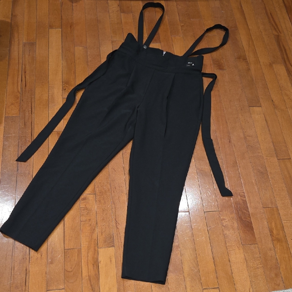 New York & Company Black Suspender Trousers High Waist Straight Leg Pants Women